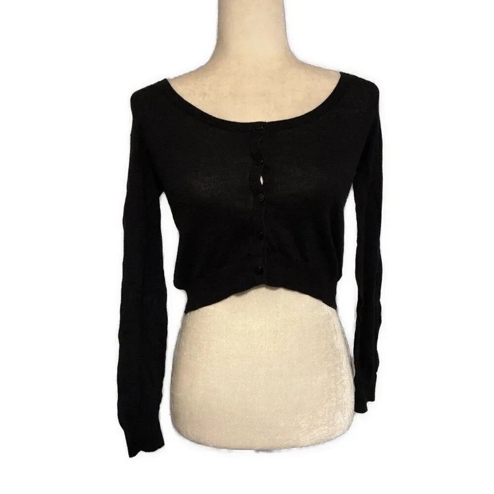 Abound Nordstrom Solid Black Long Sleeve Crop Round Neck Cardigan Sweater Xxs
